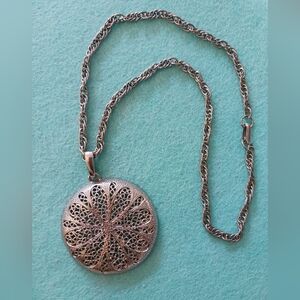 Large 60's Style Scrollwork Disk Necklace Matte Silver-toned 21in Chain